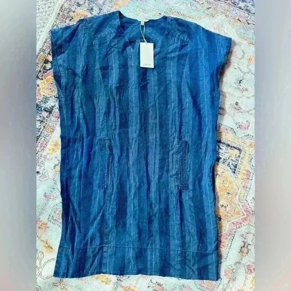 NWT Joie Blue Striped Dyer Linen Blend V-Neck Shift Tunic Dress Sz Medium - Picture 3 of 6